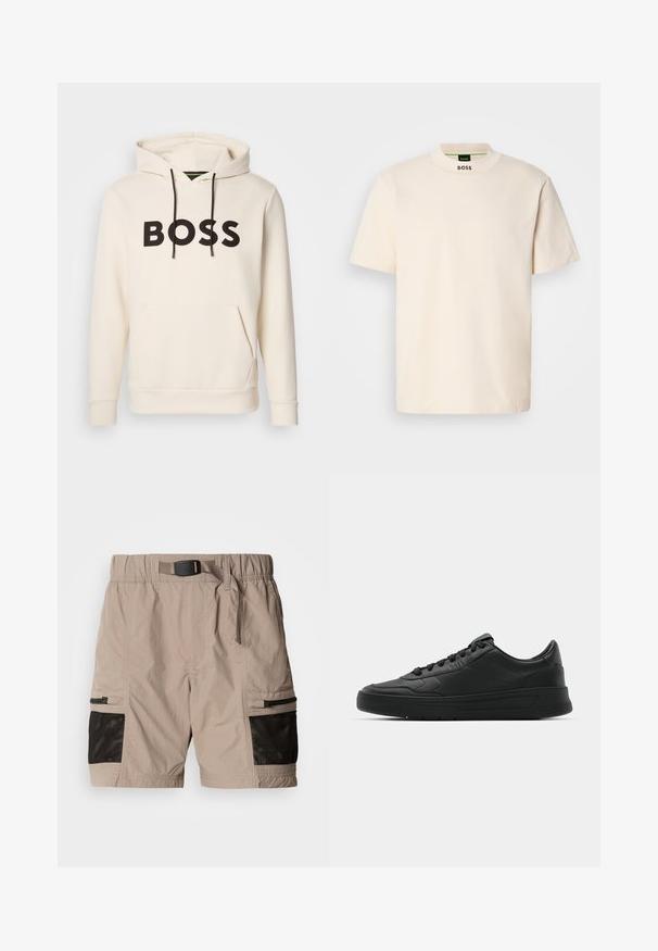 Hoodie color crema con testo "BOSS" nero sul petto, cordini neri e tasca a kangaroo anteriore.; Maglietta a maniche corte color crema con colletto alto, con la scritta "BOSS" stampata in nero sulla parte anteriore del collo e sull'etichetta interna.; Pantaloni cargo beige con un tessuto texturizzato, caratterizzati da dettagli in rete nera, vita elastica e tasche laterali con cerniere.; Sneaker nera con tomaia in pelle liscia, punta rotonda, lacci piatti, collare imbottito e design minimalista. Suola in gomma con un delicato motivo a rilievo.