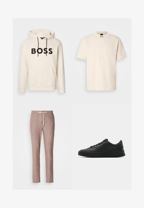 Kermakuvioinen huppari, jossa musta "BOSS" -teksti rinnassa, mustat narut ja etupuolella kengurupocket.; Kermanvärinen lyhythihainen T-paita korkean kauluksen kanssa, jossa on musta "BOSS" -teksti painettuna etukaulukseen ja sisäetikettiin.; Vaaleanruskeat pellavahousut, joissa on sidevyö, suora lahje ja hieman teksturoitu pinta. Ei ylimääräisiä taskuja tai koristeluja.; Mustat lenkkitossut, joissa on sileä nahkapäällinen, pyöreä kärki, tasaiset nauhat, pehmustettu nilkka ja minimalistinen muotoilu. Kumia pohja, jossa on hillitty urakuvio.