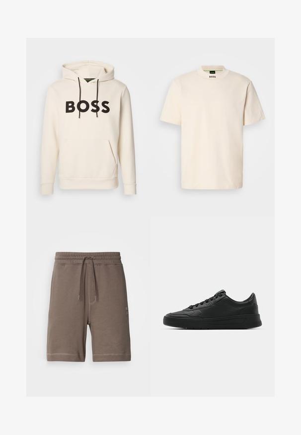 Kremasti dukserica s kapuljačom s crnim natpisom "BOSS" na prsima, crnim špagama i prednjim kengur čim džepom.; Krem majica s kratkim rukavima i visokim ovratnikom, s ispisanim "BOSS" u crnoj boji na prednjem dijelu vrata i unutarnjoj etiketi.; Smeđi kratki hlače od pamučnog mješavine s elastičnim pojasom, podesivom žicom i bočnim džepovima. Imaju kontrastne šavove i logotip.; Crne tenisice s glatkom kožnom gornjištem, okruglim vrhom, ravnim vezicama, podstavljenim ovratnikom i minimalističkim dizajnom. Gumeni potplat s suptilnim uzorkom.