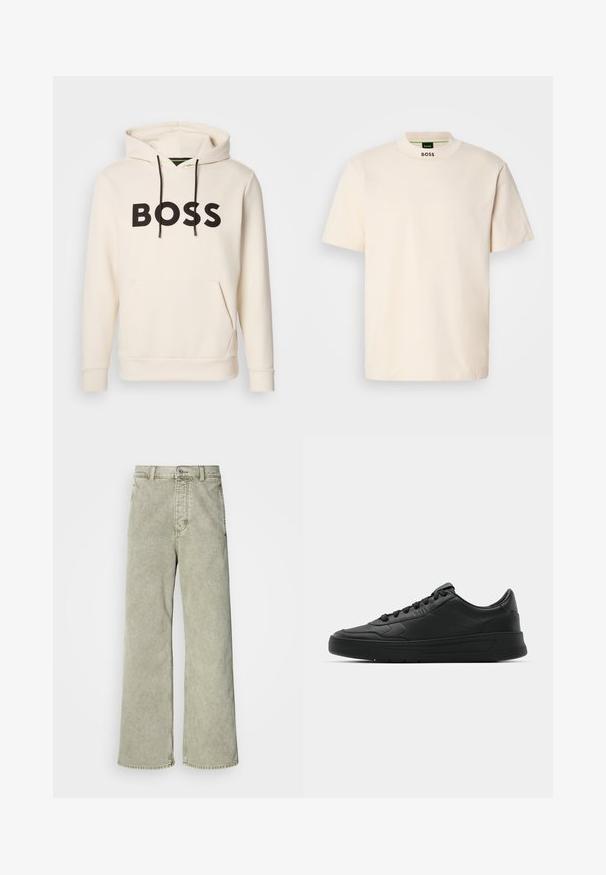 Kreemivärvi kapuutsiga särk, millel on must "BOSS" tekst rinna peal, mustad nöörid ja esine tasku.; Kreemja värvi lühikeste varrukatega T-särk kõrge kaelusega, mille ees on musta värvi kiri "BOSS" trükitud kaelaosa ja siltide peale.; Heled roheline laiade jalgadega teksapüksid kõrge vöökohaga, valmistatud denimist, millel on nööbiga sulgus ja klassikaline viie-tasku disain.; Mustmustel musta nahast ülemise osaga, ümmarguse varbaga, lamest paeltega, pehmendatud kaeluse ja minimalistliku disainiga. Kummist tald, millel on peen tihenemine.