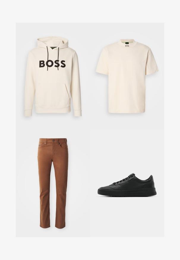 Kremna kapuca s črnim napisom "BOSS" na prsih, črnimi vrvicami ter sprednjim žepom v obliki kenguruja.; Kratek T-shirt v krem barvi s kratkimi rokavi in visokim ovratnikom, na sprednjem delu vratu in notranji etiketi pa je natisnjen napis "BOSS" v črni barvi.; Rjave bombažne hlače s ravno nogavico, ki imajo sprednji gumb za zapiranje, pet žepov in minimalne detajle šivanja.; Črne superge z gladkim usnjenim zgornjim delom, okroglo konico, ravnimi vezalkami, oblazinjeno ovratnikom in minimalističnim dizajnom. Gumijast podplat z diskretnim profilom.
