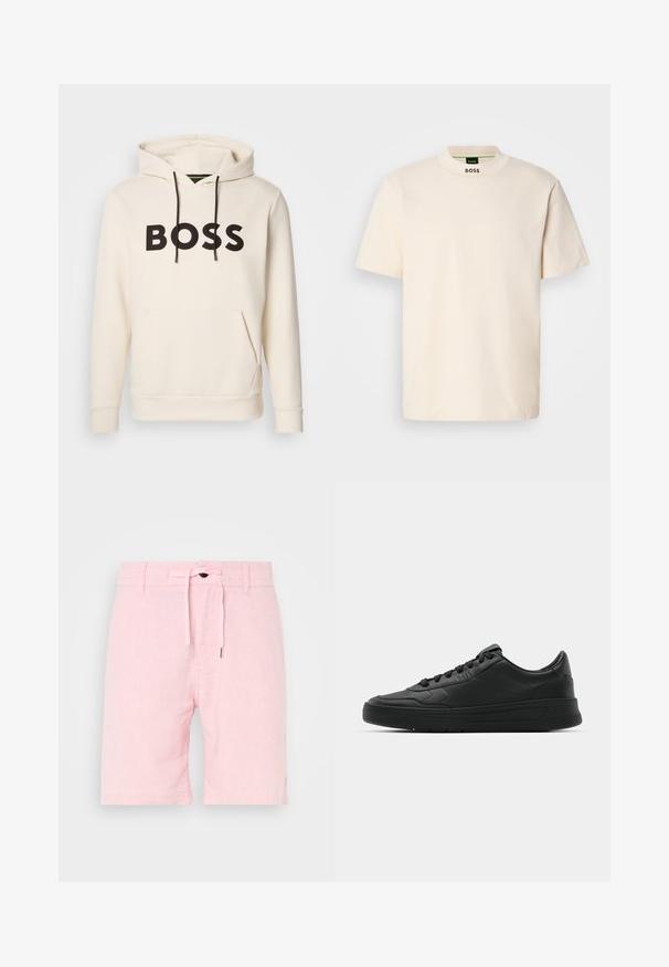 Krémová mikina s kapucňou a čiernym textom "BOSS" na hrudi, čiernymi šnúrkami a prednou kengurou vreckom.; Krémové tričko s krátkym rukávom a vysokým golierom, s nápisom "BOSS" potlačeným čiernou farbou na prednom krku a vo vnútornom štítku.; Svetloružové ľanové šortky s pásom na šnúrku, s hladkou textúrou, krátkou dĺžkou a jemnými bočnými rozparkami pre väčšiu voľnosť pohybu.; Čierne tenisky s hladkým koženým zvrškom, okrúlym špičkou, plochými šnúrkami, polstrovaným golierom a minimalistickým dizajnom. Gumená podrážka s jemným vzorom behúňa.