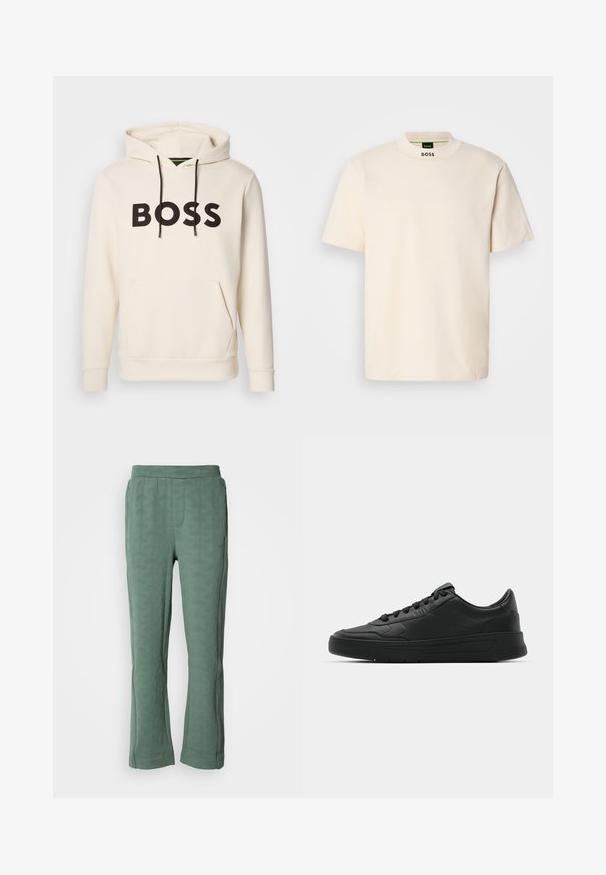 Kreminės spalvos džemperis su juodu "BOSS" tekstu ant krūtinės, juodomis pavadėlėmis ir priekinėmis kengūros kišenėmis.; Kreminės spalvos trumpas rankovės marškinėliai su aukštu apykakle, ant kurių priekyje kaklo ir vidinėje etiketėje juodu spalva yra užrašas "BOSS".; Žalios kelnės su tekstūriniu geometriniu raštu, turinčios tamprią juosmenį ir šiek tiek į apačią platėjančios.; Juodi sportiniai batai su lygia odine viršutine dalimi, apvaliu pirštu, plokščiomis raišteliais, pagaminta su paminkštinta apykakle ir minimalizmo dizainu. Guma padais su subtilia protektoriaus raštu.