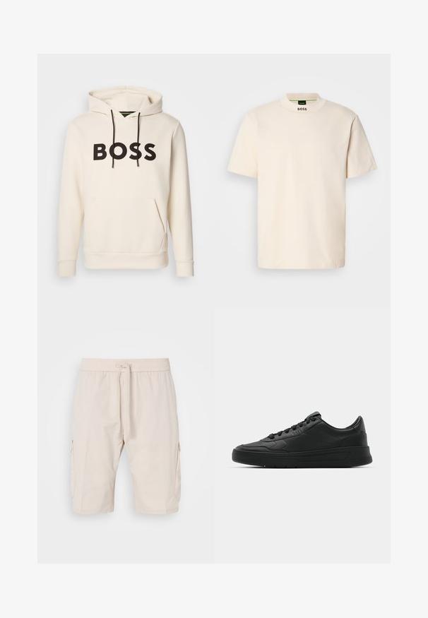 Krémová mikina s kapucí a černým nápisem "BOSS" na hrudi, černými stahovacími šňůrkami a přední kapsou ve stylu klokan.; Krémové tričko s krátkým rukávem a vysokým límcem, na přední části krku a vnitřní štítku s potiskem "BOSS" v černé barvě.; Béžové cargo šortky s elastickým pasem a šňůrkou, které mají dvě boční kapsy a hladkou, lehkou tkaninu.; Černé tenisky s hladkým koženým svrškem, kulatou špičkou, plochými tkaničkami, polstrovaným límcem a minimalistickým designem. Gumová podrážka s jemným vzorkem.