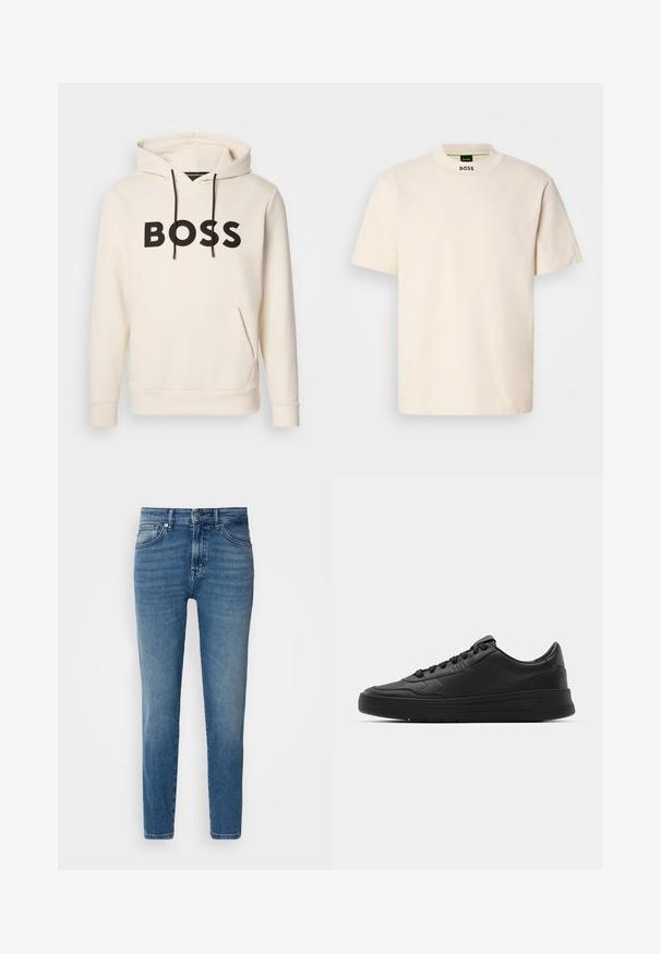 Kreminės spalvos džemperis su juodu "BOSS" tekstu ant krūtinės, juodomis pavadėlėmis ir priekinėmis kengūros kišenėmis.; Kreminės spalvos trumpas rankovės marškinėliai su aukštu apykakle, ant kurių priekyje kaklo ir vidinėje etiketėje juodu spalva yra užrašas "BOSS".; Šviesiai mėlynos džinsinės kelnės su tiesiu kirpimu, tradiciniu penkių kišenių dizainu, metaliniu mygtuko užsegimu ir subtiliu išblukimu priekyje.; Juodi sportiniai batai su lygia odine viršutine dalimi, apvaliu pirštu, plokščiomis raišteliais, pagaminta su paminkštinta apykakle ir minimalizmo dizainu. Guma padais su subtilia protektoriaus raštu.