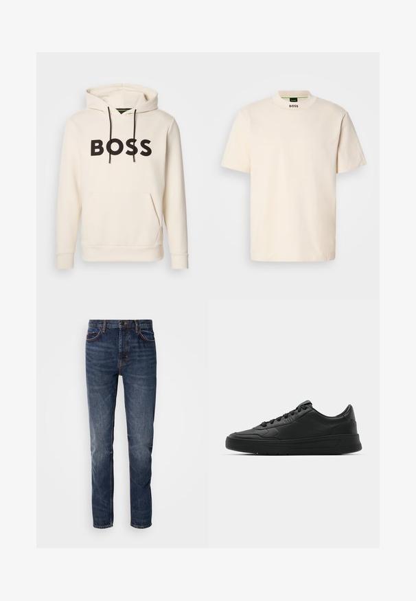 Cream-colored hoodie with black "BOSS" text on the chest, black drawstrings, and a front kangaroo pocket.; Cream-colored short-sleeve T-shirt with a high collar, featuring "BOSS" printed in black on the front neck and inside label.; Dark blue denim jeans with a straight-leg design, five pockets, and contrasting stitching. Slightly faded texture with a classic fit.; Black sneaker with smooth leather upper, round toe, flat laces, cushioned collar, and minimalistic design. Rubber sole with subtle tread pattern.