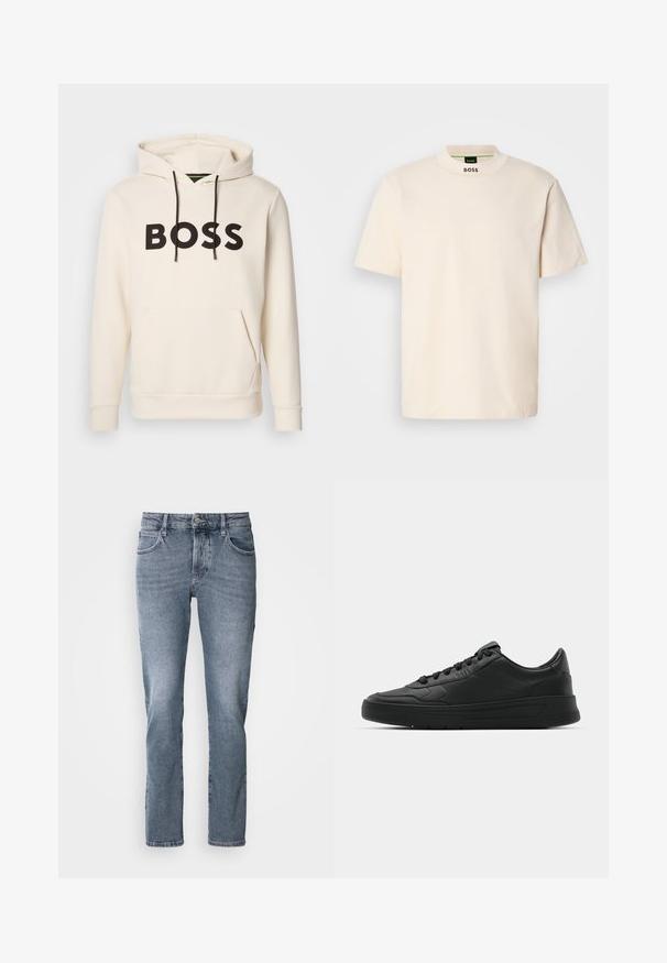 Hoodie color crema con testo "BOSS" nero sul petto, cordini neri e tasca a kangaroo anteriore.; Maglietta a maniche corte color crema con colletto alto, con la scritta "BOSS" stampata in nero sulla parte anteriore del collo e sull'etichetta interna.; Jeans in denim blu chiaro con taglio dritto, design a cinque tasche e sottili sfumature. Presentano una chiusura con bottone e passanti per cintura.; Sneaker nera con tomaia in pelle liscia, punta rotonda, lacci piatti, collare imbottito e design minimalista. Suola in gomma con un delicato motivo a rilievo.