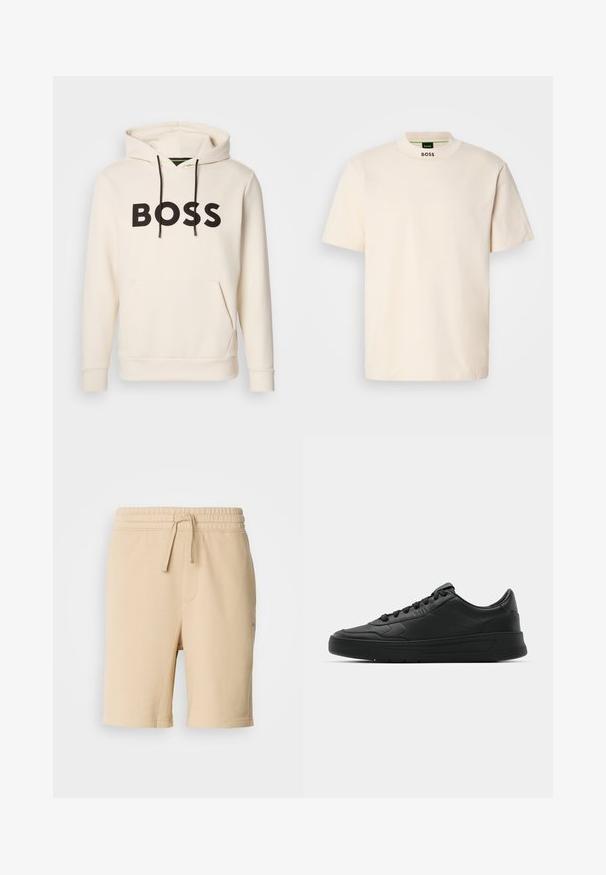 Kremfarget hettegenser med svart "BOSS" tekst på brystet, svarte snorer og en kengurulomme foran.; Kremfarget kortermet T-skjorte med høy krage, med "BOSS" trykket i svart på den fremre kragen og på innermetikk.; Beige bomullsbuksene med elastisk midjebånd, snøring, sidelomme og rett benkutt. Glatt tekstur og enkelt design.; Sorte sneakers med glatt skinnøvre, rund tå, flate lisser, polstret krage og minimalistisk design. Gummisåle med subtilt mønster.
