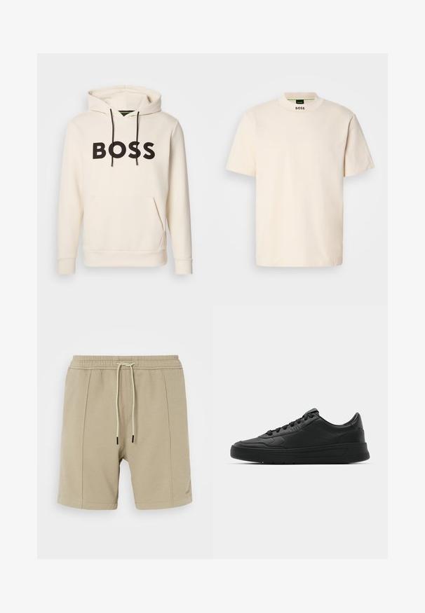 Sudadera color crema con el texto "BOSS" en negro en el pecho, cordones negros y un bolsillo canguro en la parte frontal.; T-shirt de manga corta color crema con collar alto, que presenta la palabra "BOSS" impresa en negro en la parte delantera del cuello y en la etiqueta interior.; Pantalones cortos beige hechos de tejido texturizado, con una cinturilla elástica y cordón, y dos costuras laterales. Diseño simple, sin patrones visibles.; Zapatilla negra con parte superior de cuero liso, puntera redonda, cordones planos, cuello acolchado y diseño minimalista. Suela de goma con un patrón de relieve sutil.