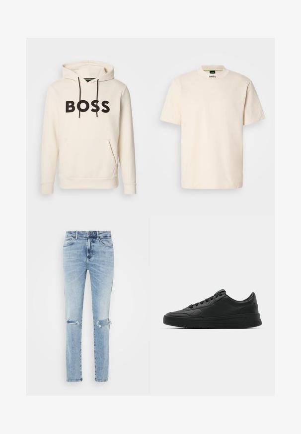 Sudadera color crema con el texto "BOSS" en negro en el pecho, cordones negros y un bolsillo canguro en la parte frontal.; T-shirt de manga corta color crema con collar alto, que presenta la palabra "BOSS" impresa en negro en la parte delantera del cuello y en la etiqueta interior.; Jeans de mezclilla azul claro con roturas desgastadas en las rodillas, diseño de cinco bolsillos y corte recto. El material tiene una textura suave y ligeramente descolorida.; Zapatilla negra con parte superior de cuero liso, puntera redonda, cordones planos, cuello acolchado y diseño minimalista. Suela de goma con un patrón de relieve sutil.