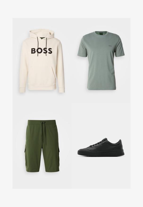 Krémová mikina s kapucí a černým nápisem "BOSS" na hrudi, černými stahovacími šňůrkami a přední kapsou ve stylu klokan.; Šedé tričko s krátkým rukávem vyrobené z měkké bavlny, s kulatým výstřihem a malým černým logem 'BOSS' na levé části hrudi.; Olívově zelené cargo šortky s elastickým pasem, nastavitelným šňůrkovým páskem a bočními kapsami na úložný prostor. Hladká tkanina, délkou ke kolenům.; Černé tenisky s hladkým koženým svrškem, kulatou špičkou, plochými tkaničkami, polstrovaným límcem a minimalistickým designem. Gumová podrážka s jemným vzorkem.