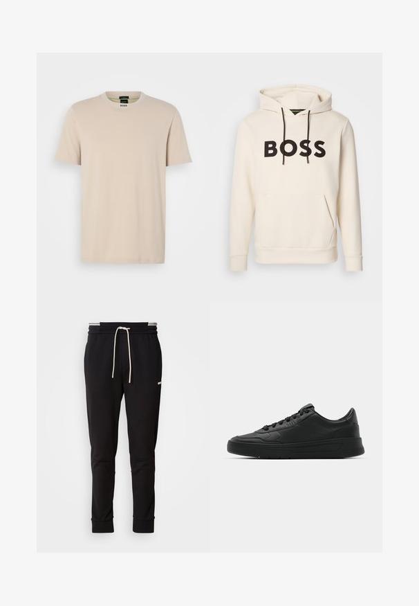 Sweatshirt creme com o texto "BOSS" em preto no peito, cordões pretos e um bolso tipo canguru na frente.; T-shirt de manga curta bege, feito de algodão suave. Decote redondo com etiqueta da marca por dentro; design simples, corte reto e sem padrões visíveis.; Calças de jogging slim-fit pretas com cordão branco, punhos canelados e um logótipo subtil na parte superior da coxa, contra um fundo simples.; Sapatilha preta com parte superior em couro liso, bico arredondado, cadarços planos, colarinho almofadado e design minimalista. Sola de borracha com padrão de tração discreto.