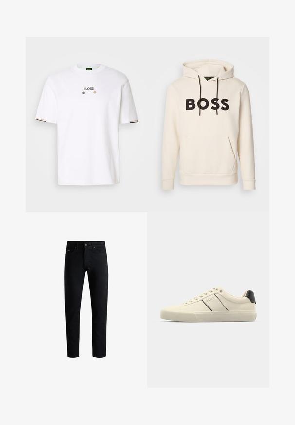 Cream-colored hoodie with black "BOSS" text on the chest, black drawstrings, and a front kangaroo pocket.; White cotton T-shirt with a crew neck, featuring the word "BOSS" in a metallic print. Black and gold stripes on the sleeve edges.; Black slim-fit jeans with five pockets, button closure, and belt loops, displayed against a white background.; Cream-colored sneakers with a smooth texture, featuring black accents and branding. Classic lace-up design with a round toe and rubber sole.