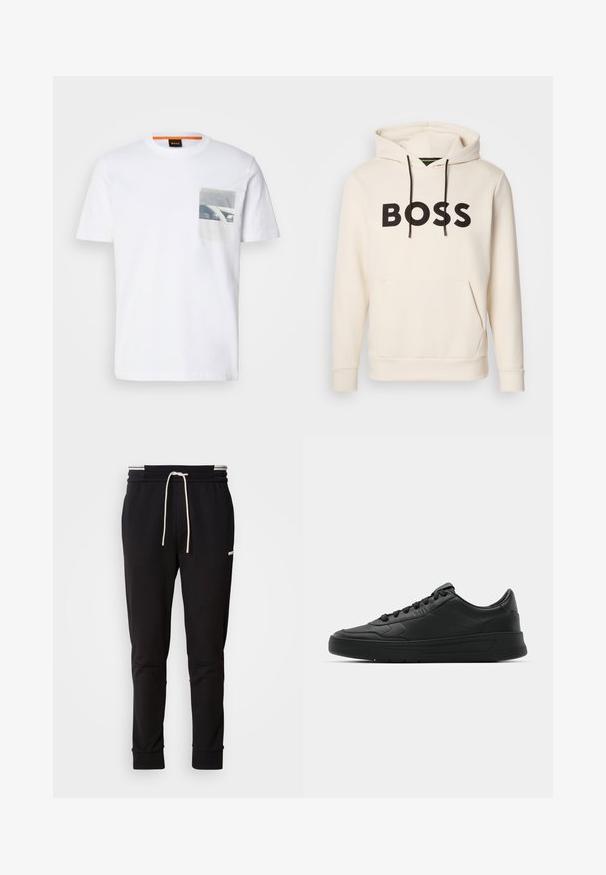 Kreemivärvi kapuutsiga särk, millel on must "BOSS" tekst rinna peal, mustad nöörid ja esine tasku.; Valge puuvillane T-särk, millel on ruudukujuline graafiline tasku musta ja valge kujundusega. Ümar kaelus ja lühikesed varrukad.; Mustad slim-fit spordipüksid valge paelaga, ribakudumiga sääreotstes ja õrn logo ülemisel reies, mille taust on lihtne.; Mustmustel musta nahast ülemise osaga, ümmarguse varbaga, lamest paeltega, pehmendatud kaeluse ja minimalistliku disainiga. Kummist tald, millel on peen tihenemine.
