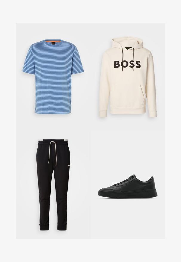 Krémová mikina s kapucí a černým nápisem "BOSS" na hrudi, černými stahovacími šňůrkami a přední kapsou ve stylu klokan.; Bavlněné tričko v modré barvě s bílými horizontálními pruhy, kulatý výstřih, krátké rukávy a malá loga na přední straně.; Černé slim-fit joggingové kalhoty s bílou stahovací šňůrkou, žebrovanými manžetami a jemným logem na horní části stehna na jednoduchém pozadí.; Černé tenisky s hladkým koženým svrškem, kulatou špičkou, plochými tkaničkami, polstrovaným límcem a minimalistickým designem. Gumová podrážka s jemným vzorkem.