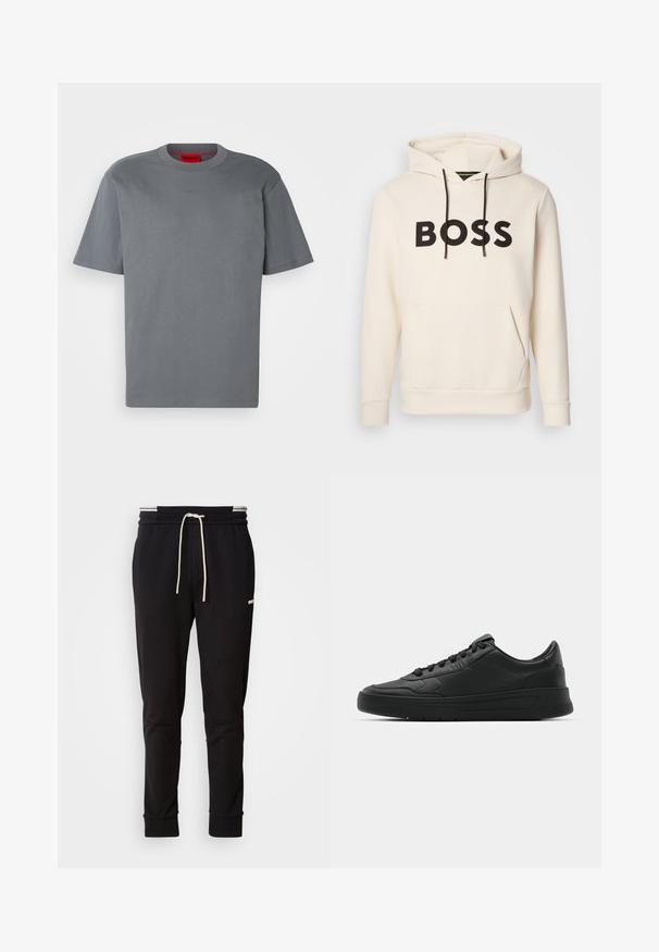 Krémová mikina s kapucí a černým nápisem "BOSS" na hrudi, černými stahovacími šňůrkami a přední kapsou ve stylu klokan.; Šedé bavlněné tričko s krátkými rukávy. Má kulatý výstřih a jemně embosované logo uprostřed. Hladká textura, minimalistický design.; Černé slim-fit joggingové kalhoty s bílou stahovací šňůrkou, žebrovanými manžetami a jemným logem na horní části stehna na jednoduchém pozadí.; Černé tenisky s hladkým koženým svrškem, kulatou špičkou, plochými tkaničkami, polstrovaným límcem a minimalistickým designem. Gumová podrážka s jemným vzorkem.