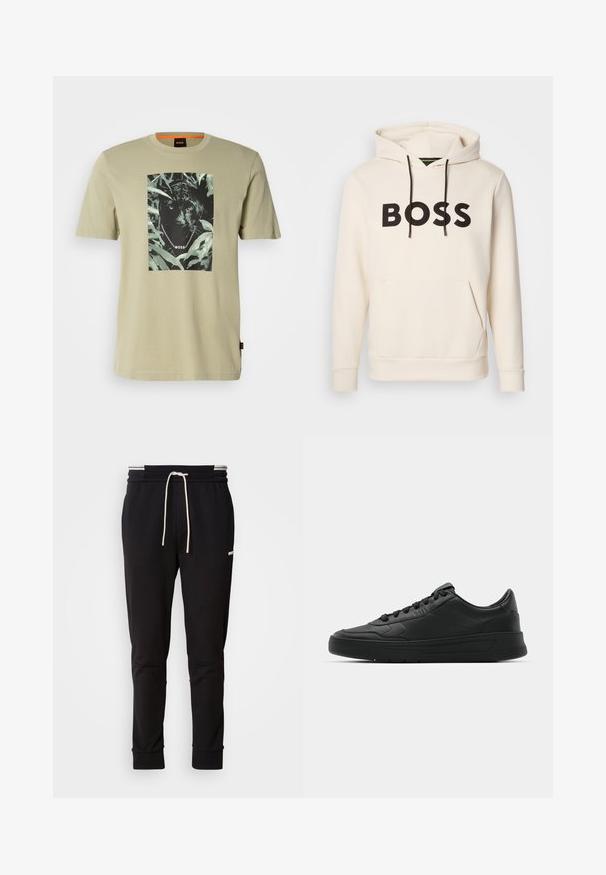 Kreminės spalvos džemperis su juodu "BOSS" tekstu ant krūtinės, juodomis pavadėlėmis ir priekinėmis kengūros kišenėmis.; Žalia olivine spalva marškinėliai pagaminti iš medvilnės, su juoduoju leopardu, apsuptu lapijos. Prekės ženklo logotipas matomas dizaino viduje.; Juodi siauri džinsai su balta raišteliu, viršutinėje šlaunies dalyje su subtiliu logotipu, ant vienalytės fono.; Juodi sportiniai batai su lygia odine viršutine dalimi, apvaliu pirštu, plokščiomis raišteliais, pagaminta su paminkštinta apykakle ir minimalizmo dizainu. Guma padais su subtilia protektoriaus raštu.