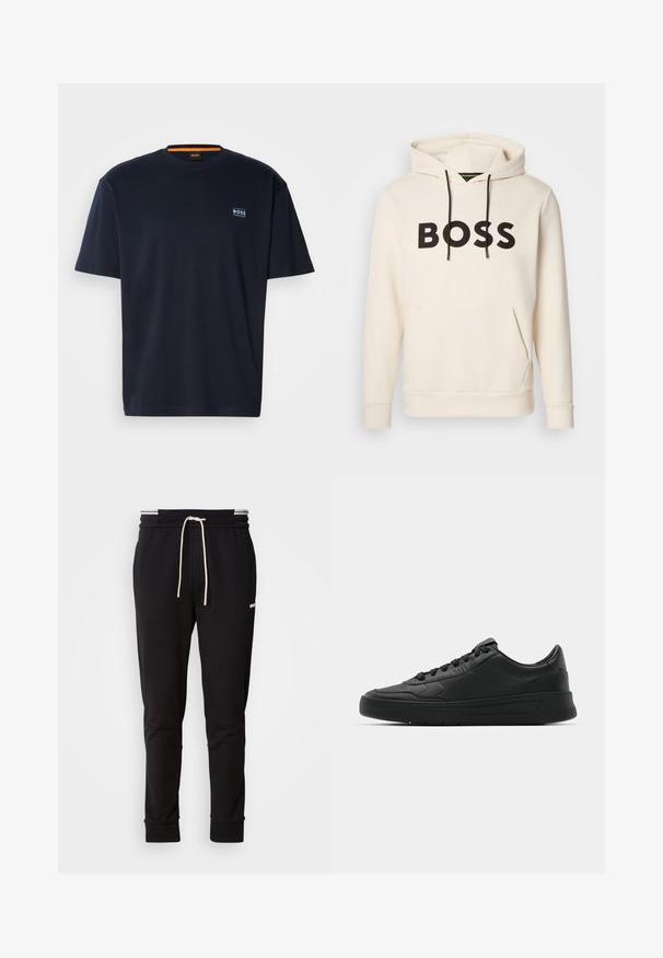 Krēmkrāsas kapuce ar melnu "BOSS" tekstu uz krūtīm, melniem auklām un priekšējo kangaru kabatu.; T tumšzila kokvilnas T-krekls ar apaļu kakla izgriezumu. Uz krūtīm ir neliels logo, kā arī kontrastējoša apelsīna akcenta detaļa kakla izgriezumā. Īsas piedurknes.; Melni slaidi jogger bikses ar baltu auklu, ribotām piedurknēm un diskrētu logo augšstilbā uz vienkārša fona.; Melnās kedas ar gludu ādas augšpusi, apaļu purngalu, plakaniem šņorēm, mīkstinātu apkakli un minimālistisku dizainu. Gumijas zole ar smalku rakstu.