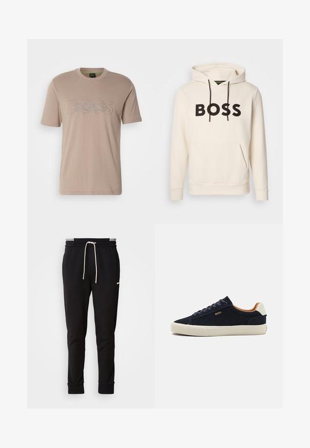 Krēmkrāsas kapuce ar melnu "BOSS" tekstu uz krūtīm, melniem auklām un priekšējo kangaru kabatu.; Bežs kokvilnas T-krekls ar īsām piedurknēm un apaļu kakla izgriezumu, kura priekšpusē ir reljefs "BOSS" logo kontrastējošā tekstūrā.; Melni slaidi jogger bikses ar baltu auklu, ribotām piedurknēm un diskrētu logo augšstilbā uz vienkārša fona.; Jūras zila zamšāda zema tipa sporta apavi ar gaiši brūnu zoli, kontrastējošu brūnu iekšpusi un logotipa detaļu uz ārējās puses. Iespējas ietver apaļās šnerves un gludu faktūru.