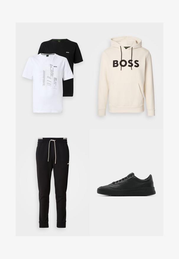 Hoodie color crema con testo "BOSS" nero sul petto, cordini neri e tasca a kangaroo anteriore.; Due magliette a maniche corte: una bianca con design grafico e logo, l'altra nera uniforme con logo. Materiale in cotone, stile girocollo.; Pantaloni jogger slim-fit neri con cordoncino bianco, polsini a coste e logo discreto sulla coscia contro uno sfondo uniforme.; Sneaker nera con tomaia in pelle liscia, punta rotonda, lacci piatti, collare imbottito e design minimalista. Suola in gomma con un delicato motivo a rilievo.