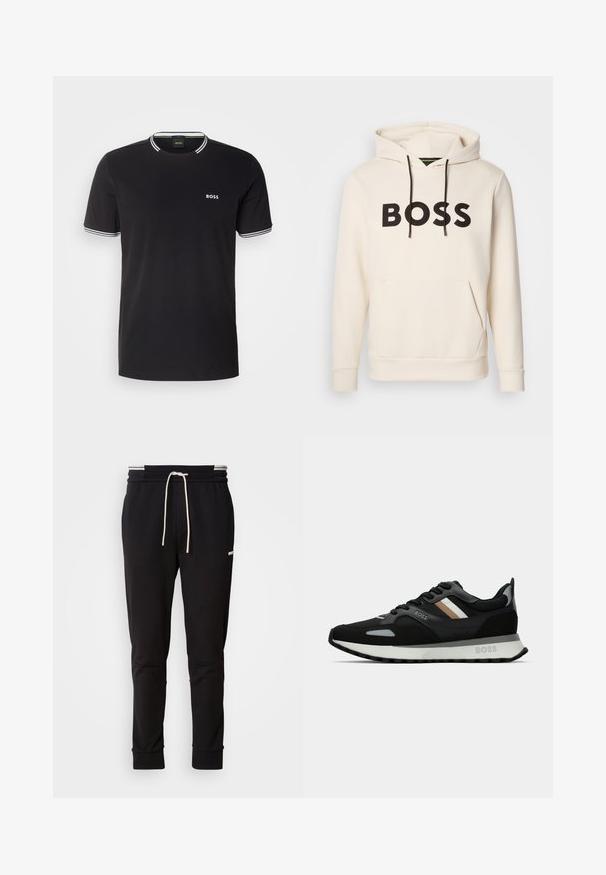 Krēmkrāsas kapuce ar melnu "BOSS" tekstu uz krūtīm, melniem auklām un priekšējo kangaru kabatu.; Melna kokvilnas T-kreklu ar baltu apdari apkaklī un piedurknēs, kamēr uz kreisā krūšu daļas ir neliels balts "BOSS" logo.; Melni slaidi jogger bikses ar baltu auklu, ribotām piedurknēm un diskrētu logo augšstilbā uz vienkārša fona.; Melnas skrienamās kurpes ar teksturētu virsmu, gaiši pelēkiem akcentiem un trim horizontālām svītrām brūnā krāsā. Iespējo baltu polsterētu zoli.