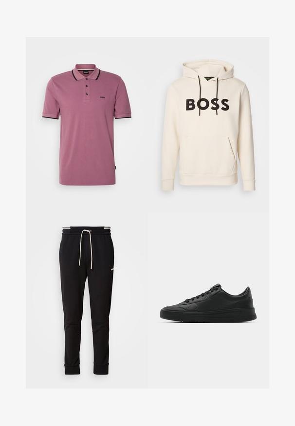 Kremfarget hettegenser med svart "BOSS" tekst på brystet, svarte snorer og en kengurulomme foran.; Lilla polo skjorte med korte ærmer, kontrasterende sort krave og ærmekanter, tre-knapps placket, og broderet logo på brystet.; Sorte slim-fit joggebukser med hvit snor, ribbede mansjetter og subtil logo på den øvre låret mot en ensfarget bakgrunn.; Sorte sneakers med glatt skinnøvre, rund tå, flate lisser, polstret krage og minimalistisk design. Gummisåle med subtilt mønster.