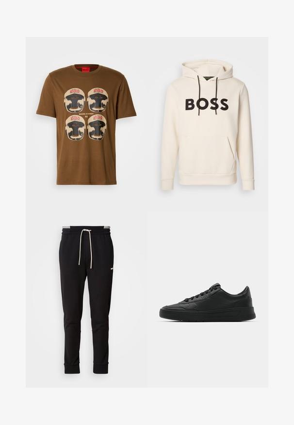 Krēmkrāsas kapuce ar melnu "BOSS" tekstu uz krūtīm, melniem auklām un priekšējo kangaru kabatu.; Brūna T-krekls ar četriem vintage stila boksa ķiverēm, centrā ir teksts "HUGO" sarkanā krāsā un "BOXING ACADEMY 93".; Melni slaidi jogger bikses ar baltu auklu, ribotām piedurknēm un diskrētu logo augšstilbā uz vienkārša fona.; Melnās kedas ar gludu ādas augšpusi, apaļu purngalu, plakaniem šņorēm, mīkstinātu apkakli un minimālistisku dizainu. Gumijas zole ar smalku rakstu.