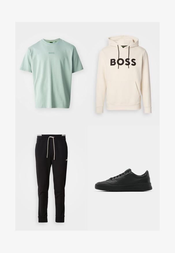 Cremefarvet hoodie med sort "BOSS" tekst på brystet, sorte snore og en front kangaroo lomme.; Lysegrøn T-shirt lavet af blød bomuld, med korte ærmer og rund halsudskæring. Broderet "BOSS" logo på forsiden.; Sorte slim-fit joggingbukser med hvid snor, ribbede manchetter og subtilt logo på den øvre lår mod en ensfarvet baggrund.; Sort sneakers med glat læderoverdel, rund tå, flade snørebånd, polstret krave og minimalistisk design. Gummisål med subtilt mønster.