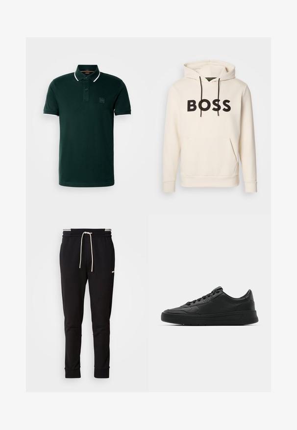 Cremefarvet hoodie med sort "BOSS" tekst på brystet, sorte snore og en front kangaroo lomme.; Mørkegrøn polo skjorte lavet af bomuld. Har en to-knaps placket, hvide detaljer ved kraven og ærmerne, samt et logo patch på brystet.; Sorte slim-fit joggingbukser med hvid snor, ribbede manchetter og subtilt logo på den øvre lår mod en ensfarvet baggrund.; Sort sneakers med glat læderoverdel, rund tå, flade snørebånd, polstret krave og minimalistisk design. Gummisål med subtilt mønster.