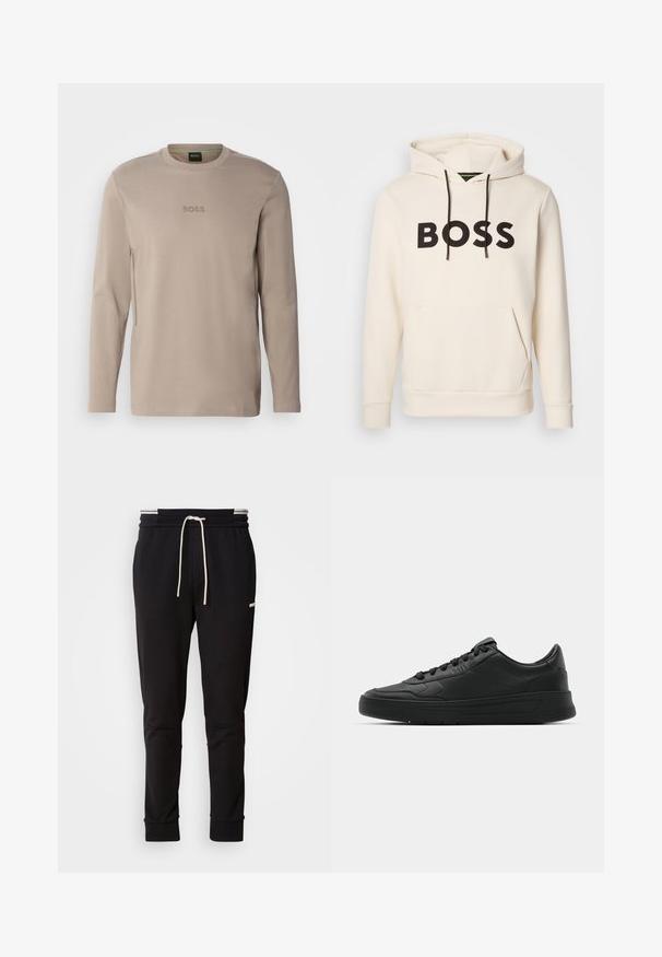 Cream-colored hoodie with black "BOSS" text on the chest, black drawstrings, and a front kangaroo pocket.; Beige long-sleeve t-shirt with a crew neck, featuring an embroidered "BOSS" logo on the chest and side zip details. Smooth fabric texture.; Black slim-fit jogger pants with white drawstring, ribbed cuffs, and subtle logo on the upper thigh against a plain background.; Black sneaker with smooth leather upper, round toe, flat laces, cushioned collar, and minimalistic design. Rubber sole with subtle tread pattern.