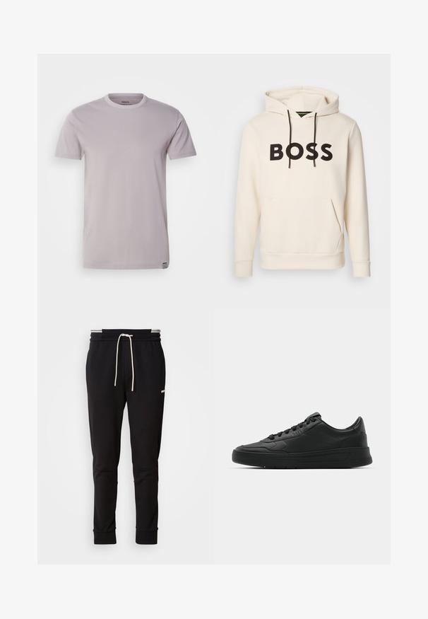 Cremefarvet hoodie med sort "BOSS" tekst på brystet, sorte snore og en front kangaroo lomme.; Mads Nørgaard THOR TEE - T-shirts basic - titanium; Sorte slim-fit joggingbukser med hvid snor, ribbede manchetter og subtilt logo på den øvre lår mod en ensfarvet baggrund.; Sort sneakers med glat læderoverdel, rund tå, flade snørebånd, polstret krave og minimalistisk design. Gummisål med subtilt mønster.