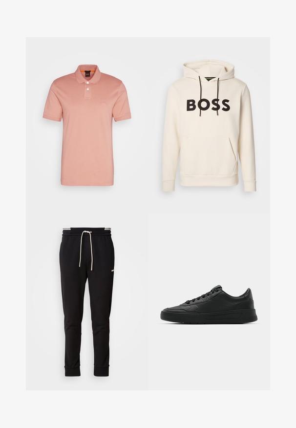 Sweatshirt creme com o texto "BOSS" em preto no peito, cordões pretos e um bolso tipo canguru na frente.; BOSS PASSENGER - Polo - open pink; Calças de jogging slim-fit pretas com cordão branco, punhos canelados e um logótipo subtil na parte superior da coxa, contra um fundo simples.; Sapatilha preta com parte superior em couro liso, bico arredondado, cadarços planos, colarinho almofadado e design minimalista. Sola de borracha com padrão de tração discreto.