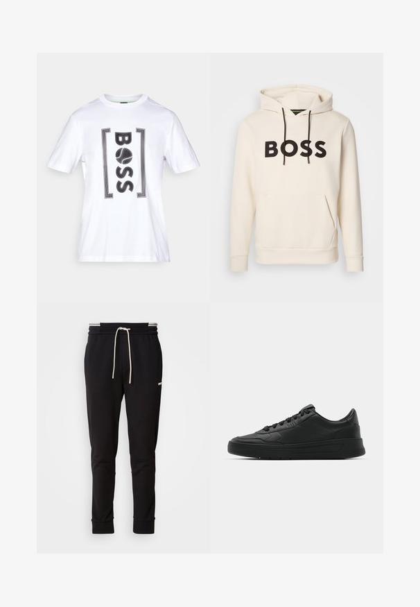 Sweatshirt creme com o texto "BOSS" em preto no peito, cordões pretos e um bolso tipo canguru na frente.; T-shirt branca em algodão com mangas curtas, apresentando um ousado logo preto "BOSS" encimado em acentos retangulares. Textura suave, decote redondo.; Calças de jogging slim-fit pretas com cordão branco, punhos canelados e um logótipo subtil na parte superior da coxa, contra um fundo simples.; Sapatilha preta com parte superior em couro liso, bico arredondado, cadarços planos, colarinho almofadado e design minimalista. Sola de borracha com padrão de tração discreto.