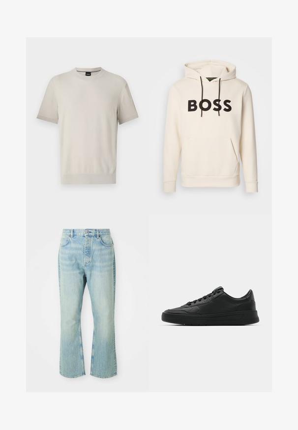 Kermakuvioinen huppari, jossa musta "BOSS" -teksti rinnassa, mustat narut ja etupuolella kengurupocket.; T-paita lyhyillä hihoilla, crew neck -malli vaaleanbeigeissä teksturoiduissa kankaissa. Varustettu ribbineckilla ja hihojen resorilla, jossa on huomaamaton kontrastivärein reunus.; Vaaleansiniset denimpöksyt, joissa on leveät lahkeet ja korkea vyötärö. Varustettu viidellä taskulla, vyölenkeillä ja haalistuneella pesutekstuurilla.; Mustat lenkkitossut, joissa on sileä nahkapäällinen, pyöreä kärki, tasaiset nauhat, pehmustettu nilkka ja minimalistinen muotoilu. Kumia pohja, jossa on hillitty urakuvio.