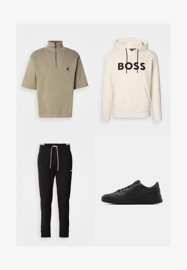 Kermakuvioinen huppari, jossa musta "BOSS" -teksti rinnassa, mustat narut ja etupuolella kengurupocket.; Polo t-paita lyhyillä hihoilla, oliivinvihreä, korkealla kauluksella ja puolivetoketjulla, jossa on tekstuurineulos ja pieni logo vasemmassa rinnassa.; Musta slim-fit juoksuhousut valkoisella nauhalla, ribbireunat ja hillitty logo ylemmässä reidessä tasaisella taustalla.; Mustat lenkkitossut, joissa on sileä nahkapäällinen, pyöreä kärki, tasaiset nauhat, pehmustettu nilkka ja minimalistinen muotoilu. Kumia pohja, jossa on hillitty urakuvio.