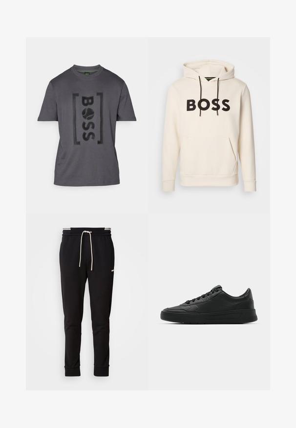 Kreminės spalvos džemperis su juodu "BOSS" tekstu ant krūtinės, juodomis pavadėlėmis ir priekinėmis kengūros kišenėmis.; Pilkas medvilnės marškinėliai su tekstūruotu juodu „BOSS“ logotipu. Trumpi rankoves, apvalus iškirpimas ir minkšta medžiaga su subtiliu blizgesiu.; Juodi siauri džinsai su balta raišteliu, viršutinėje šlaunies dalyje su subtiliu logotipu, ant vienalytės fono.; Juodi sportiniai batai su lygia odine viršutine dalimi, apvaliu pirštu, plokščiomis raišteliais, pagaminta su paminkštinta apykakle ir minimalizmo dizainu. Guma padais su subtilia protektoriaus raštu.