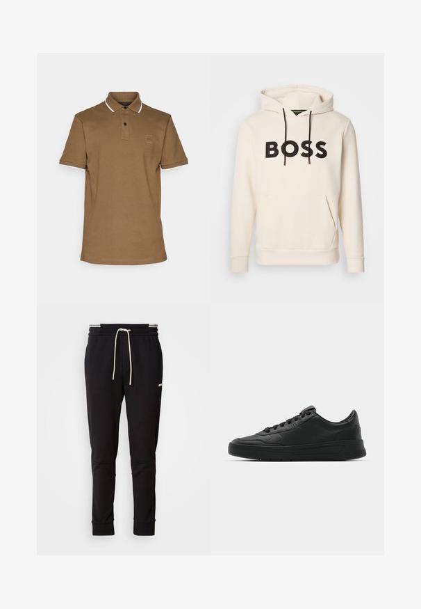 Sudadera color crema con el texto "BOSS" en negro en el pecho, cordones negros y un bolsillo canguro en la parte frontal.; Camisa polo marrón con cuello, ribete blanco en las mangas, tapeta de dos botones y un pequeño parche con logo en el pecho. Tela de mezcla de algodón.; Pantalones jogger ajustados negros con cordones blancos, puños acanalados y un logo sutil en el muslo superior sobre un fondo liso.; Zapatilla negra con parte superior de cuero liso, puntera redonda, cordones planos, cuello acolchado y diseño minimalista. Suela de goma con un patrón de relieve sutil.