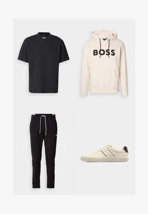 Sweatshirt creme com o texto "BOSS" em preto no peito, cordões pretos e um bolso tipo canguru na frente.; Camiseta preta de manga curta feita de algodão, com um decote alto e um pequeno logotipo branco "BOSS" na frente. Design simples e sólido.; Calças de jogging slim-fit pretas com cordão branco, punhos canelados e um logótipo subtil na parte superior da coxa, contra um fundo simples.; Sapatilhas de cor creme com uma textura suave, apresentando detalhes e marcação em preto. Design clássico com atacadores e bico redondo, e sola de borracha.