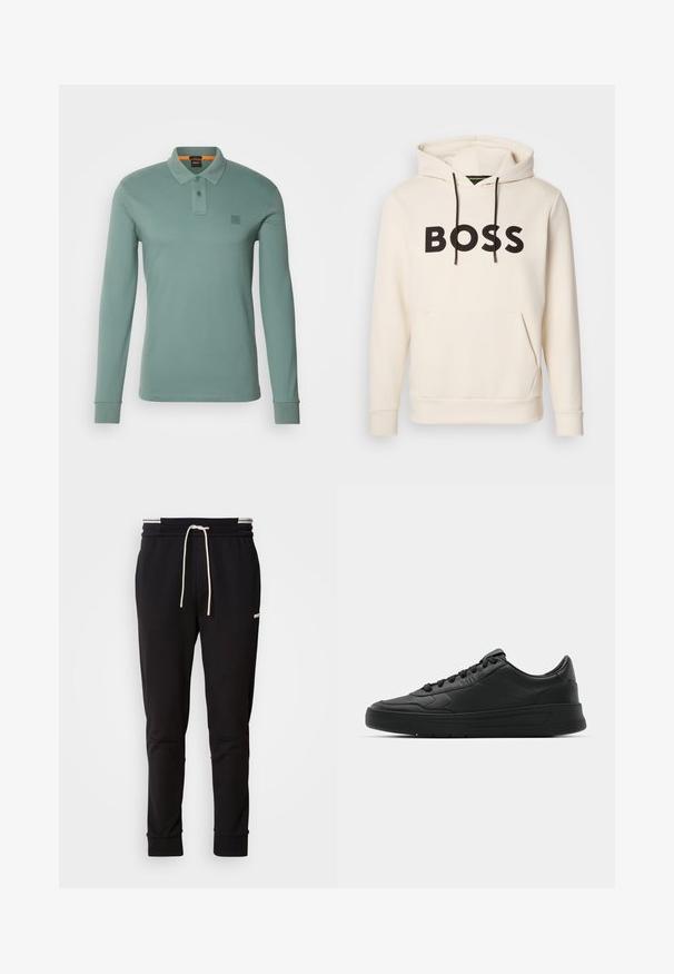 Krémová mikina s kapucňou a čiernym textom "BOSS" na hrudi, čiernymi šnúrkami a prednou kengurou vreckom.; BOSS PASSERBY - Polokošeľa - open green; Čierne slim-fit teplákové nohavice s bielou šnúrkou na stiahnutie, rebrovanými manžetami a nenápadným logom na hornej strane stehna na jednofarebnom pozadí.; Čierne tenisky s hladkým koženým zvrškom, okrúlym špičkou, plochými šnúrkami, polstrovaným golierom a minimalistickým dizajnom. Gumená podrážka s jemným vzorom behúňa.