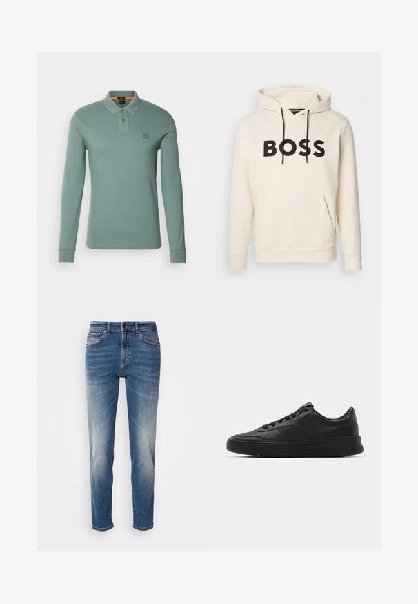 Crème kleurige hoodie met zwarte "BOSS" tekst op de borst, zwarte trekkoorden en een handige buidelzak aan de voorkant.; BOSS PASSERBY - Poloshirt - open green; Blauwe denim jeans met een recht model, lichte vervaging, klassieke vijf-pocketstijl en een ritssluiting met knoopsluiting.; Zwarte sneaker met een glad leren bovenwerk, ronde neus, platte veters, gewatteerde kraag en minimalistisch design. Rubberen zool met een subtiel profiel.
