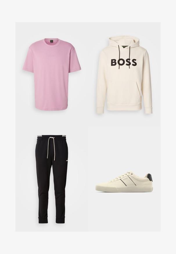 Sweatshirt creme com o texto "BOSS" em preto no peito, cordões pretos e um bolso tipo canguru na frente.; T-shirt de algodão rosa com um corte descontraído, apresentando um decote redondo e um discreto logótipo "BOSS" em relevo no peito. Mangas curtas e textura suave.; Calças de jogging slim-fit pretas com cordão branco, punhos canelados e um logótipo subtil na parte superior da coxa, contra um fundo simples.; Sapatilhas de cor creme com uma textura suave, apresentando detalhes e marcação em preto. Design clássico com atacadores e bico redondo, e sola de borracha.