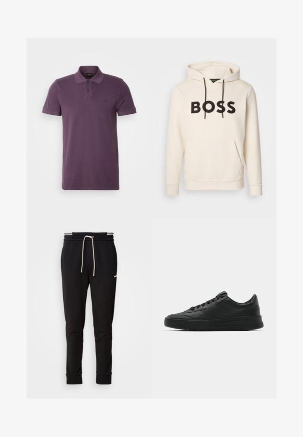 Kremfarget hettegenser med svart "BOSS" tekst på brystet, svarte snorer og en kengurulomme foran.; Lilla bomulls polo med klassisk krage, to-knapps lukking, og korte ermer. Diskret logo på brystet. Glatt tekstur.; Sorte slim-fit joggebukser med hvit snor, ribbede mansjetter og subtil logo på den øvre låret mot en ensfarget bakgrunn.; Sorte sneakers med glatt skinnøvre, rund tå, flate lisser, polstret krage og minimalistisk design. Gummisåle med subtilt mønster.