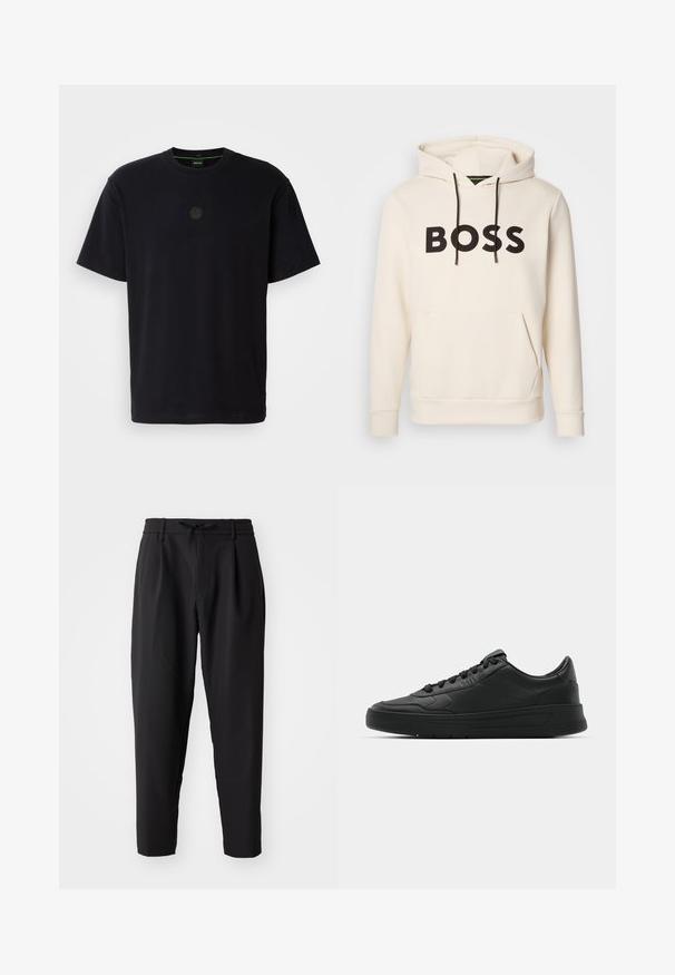 Cremefarvet hoodie med sort "BOSS" tekst på brystet, sorte snore og en front kangaroo lomme.; Sort kortærmet T-shirt lavet af blødt stof, med rund halsudskæring og et subtilt logo i mørkebrun på brystet.; Sorte tapered bukser med elastisk talje og snor. Glat stof med en let tekstur, udstyret med læg og sidelommer.; Sort sneakers med glat læderoverdel, rund tå, flade snørebånd, polstret krave og minimalistisk design. Gummisål med subtilt mønster.