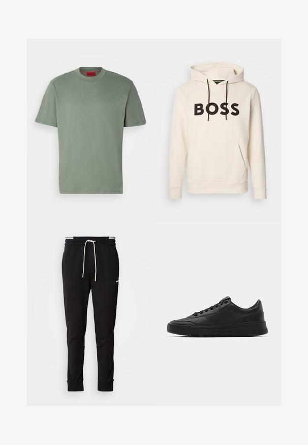 Kremfarget hettegenser med svart "BOSS" tekst på brystet, svarte snorer og en kengurulomme foran.; Grønn bomull t-skjorte, rund hals, kortermet, med preget "HUGO"-logo i samme nyanse på forsiden. Glatt tekstur.; Sorte slim-fit joggebukser med hvit snor, ribbede mansjetter og subtil logo på den øvre låret mot en ensfarget bakgrunn.; Sorte sneakers med glatt skinnøvre, rund tå, flate lisser, polstret krage og minimalistisk design. Gummisåle med subtilt mønster.
