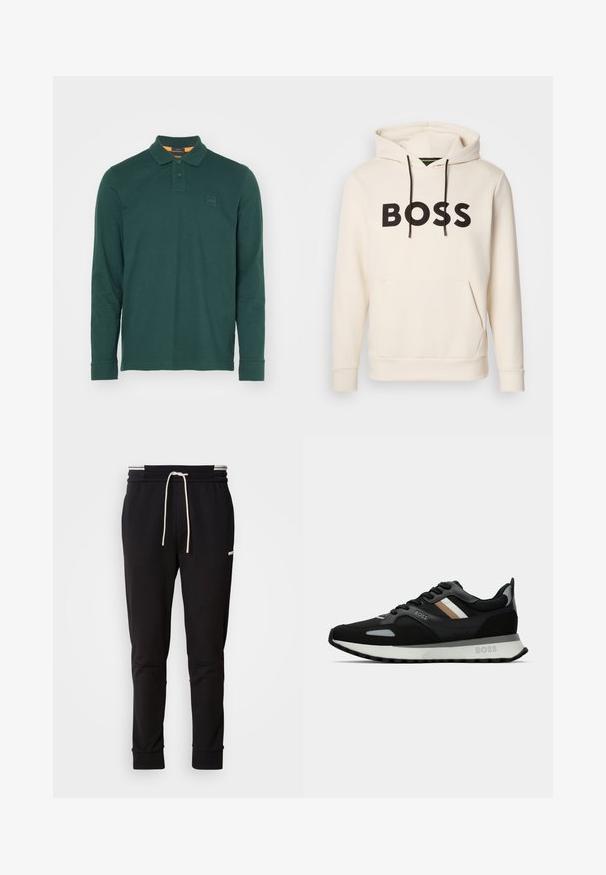 Helle Hoodie in Cremefarbe mit schwarzem "BOSS"-Text auf der Brust, schwarzen Kordelzügen und einer frontalen Kängurutasche.; Langarm-Poloshirt aus dunkelgrünem Baumwollstoff, mit klassischem Kragen, einer Zwei-Knopf-Leiste und einem rechteckigen Logopatch auf der Brust.; Schwarzere Slim-Fit-Jogginghose mit weißem Kordelzug, gerippten Bündchen und subtilen Logo am Oberschenkel auf einem schlichten Hintergrund.; Schwarzer Laufschuh mit strukturiertem Obermaterial, hellgrauen Akzenten und drei horizontalen Streifen in Braun. Verfügt über eine weiße, gepolsterte Sohle.