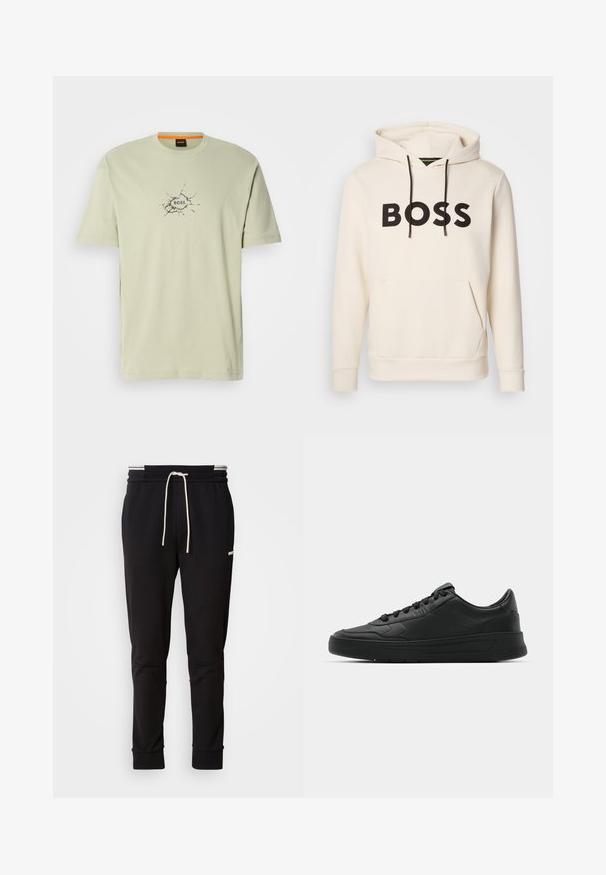 Sweatshirt creme com o texto "BOSS" em preto no peito, cordões pretos e um bolso tipo canguru na frente.; T-shirt de algodão verde claro com mangas curtas e gola redonda. Apresenta uma gráfica de manchas pretas com a palavra "BOSS" no centro.; Calças de jogging slim-fit pretas com cordão branco, punhos canelados e um logótipo subtil na parte superior da coxa, contra um fundo simples.; Sapatilha preta com parte superior em couro liso, bico arredondado, cadarços planos, colarinho almofadado e design minimalista. Sola de borracha com padrão de tração discreto.