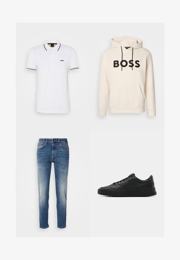 Kreemivärvi kapuutsiga särk, millel on must "BOSS" tekst rinna peal, mustad nöörid ja esine tasku.; Valge puuvillane polo särk, mis on varustatud kahe nööbiga, musta äärisega kaeluses ja varrukates ning väikese, tikitud "BOSS" logoga.; Sinine denimist valmistatud teksapükse sirge sääre kujundusega, kerge kulumisefektiga, klassikalise viie-taskuga stiiliga ning lukuga, millel on nupp sulgemiseks.; Mustmustel musta nahast ülemise osaga, ümmarguse varbaga, lamest paeltega, pehmendatud kaeluse ja minimalistliku disainiga. Kummist tald, millel on peen tihenemine.