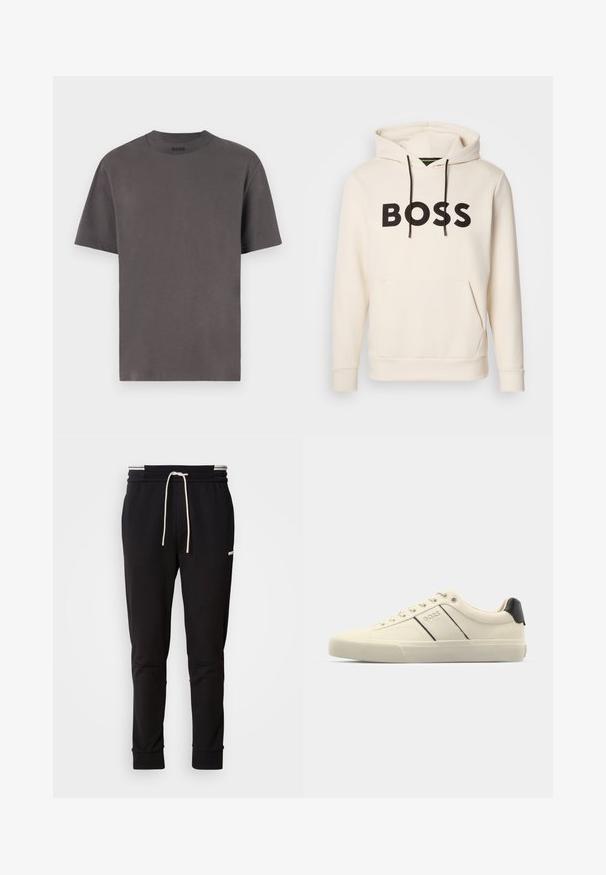 Cream-colored hoodie with black "BOSS" text on the chest, black drawstrings, and a front kangaroo pocket.; Dark grey short-sleeve T-shirt made from soft cotton, featuring a round neck and minimalistic design with no visible patterns or accents.; Black slim-fit jogger pants with white drawstring, ribbed cuffs, and subtle logo on the upper thigh against a plain background.; Cream-colored sneakers with a smooth texture, featuring black accents and branding. Classic lace-up design with a round toe and rubber sole.