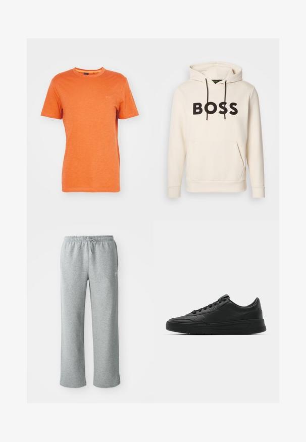 Krēmkrāsas kapuce ar melnu "BOSS" tekstu uz krūtīm, melniem auklām un priekšējo kangaru kabatu.; BOSS TEGOOD - Pamata T-krekls - open orange; Pelēki kokvilnas sporta bikses ar elastīgu jostasvietu, aukliņas aizdari un taisnām kājām. Uz augšējās kreisās puses ir neliels logo.; Melnās kedas ar gludu ādas augšpusi, apaļu purngalu, plakaniem šņorēm, mīkstinātu apkakli un minimālistisku dizainu. Gumijas zole ar smalku rakstu.