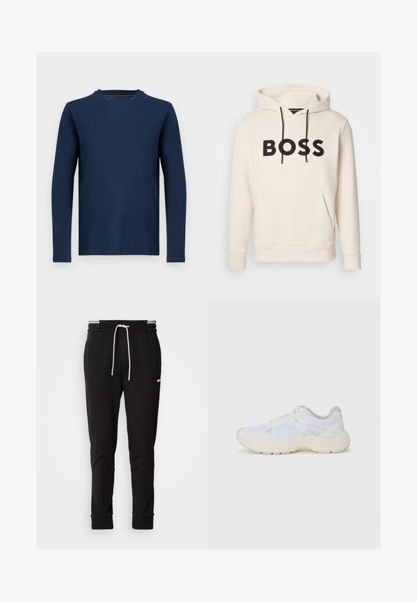 Cream-colored hoodie with black "BOSS" text on the chest, black drawstrings, and a front kangaroo pocket.; Long-sleeve t-shirt in navy blue, made of soft cotton with a crew neck and subtle logo detail on the chest. Smooth texture, casual fit.; Black slim-fit jogger pants with white drawstring, ribbed cuffs, and subtle logo on the upper thigh against a plain background.; White athletic shoes made of mesh and suede, featuring a textured midsole, textured accents, and "HUGO" logo on the side.